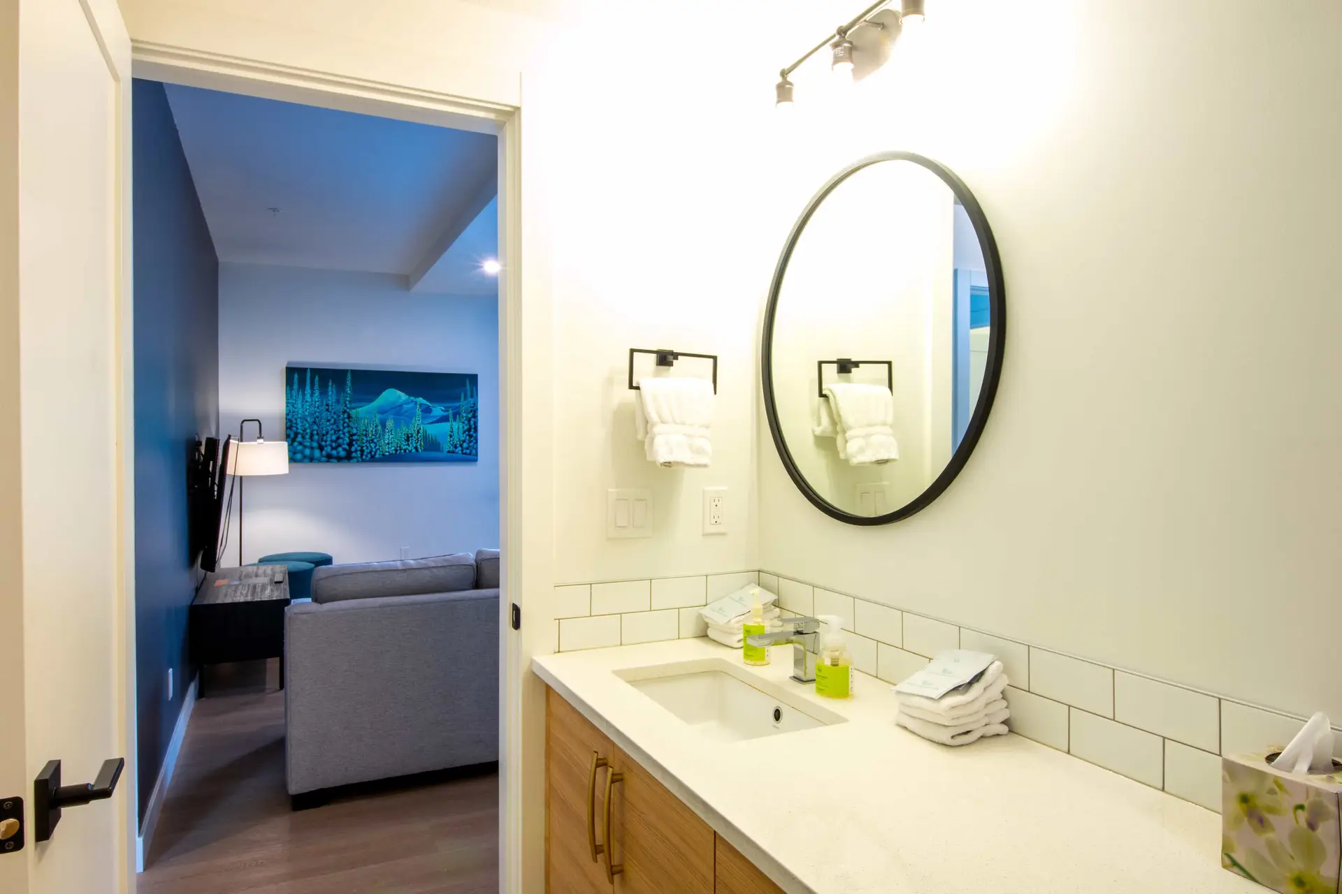 Bathroom sink and mirror in a Basecamp Resorts Revelstoke three-bedroom suite.