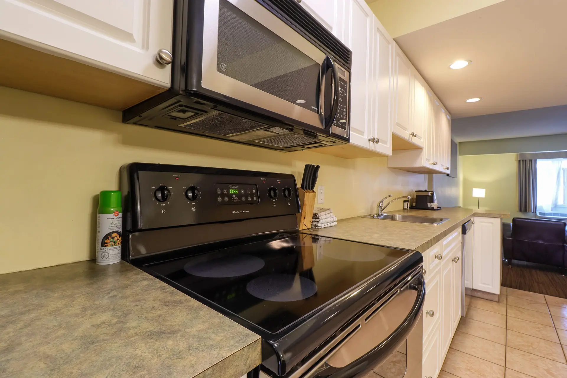 Kitchenette in Basecamp Northwinds Revelstoke Northwinds Apartment with stove, microwave, and sink.