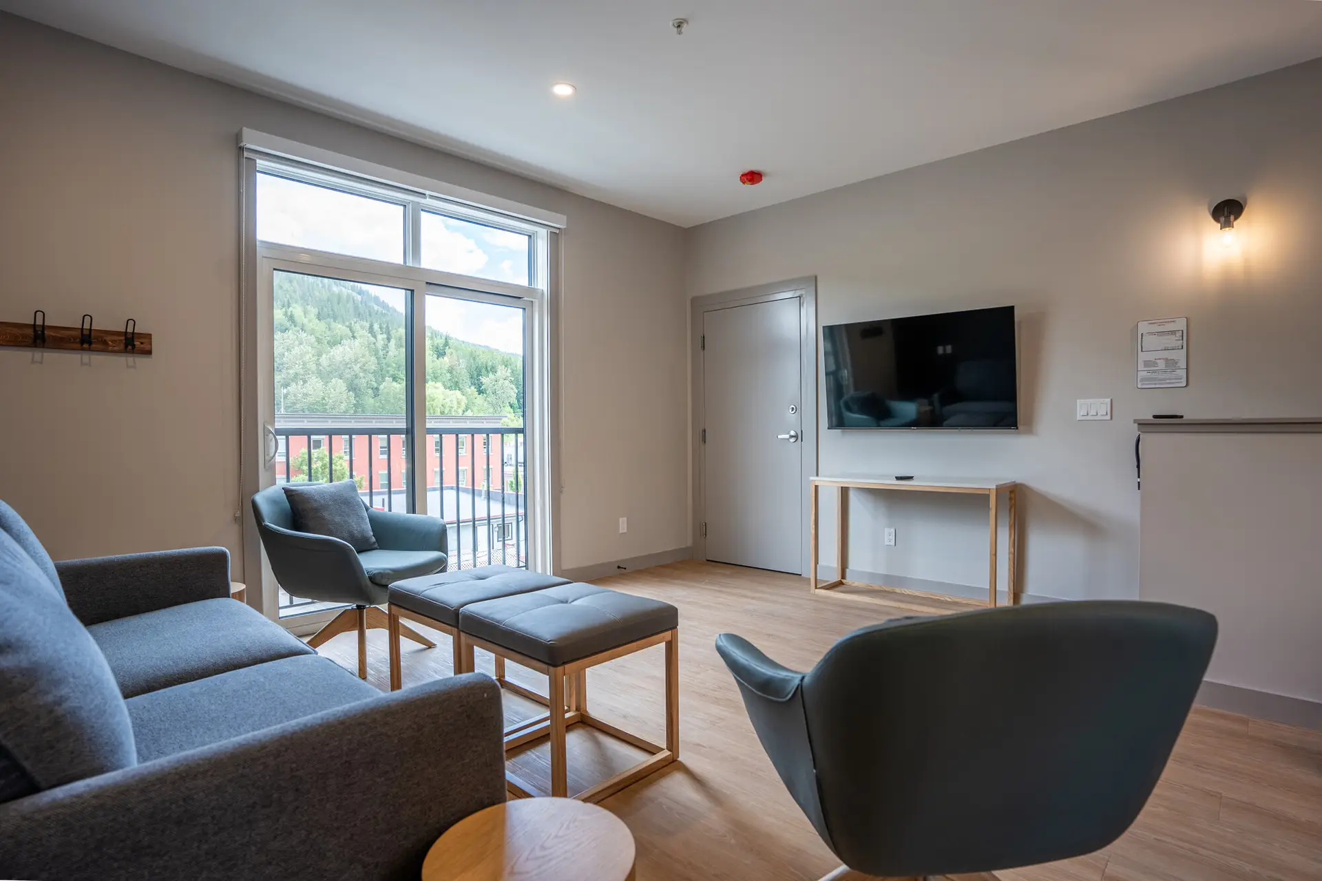 Modern living room with gray couch, chairs, TV, balcony, and wooden floor