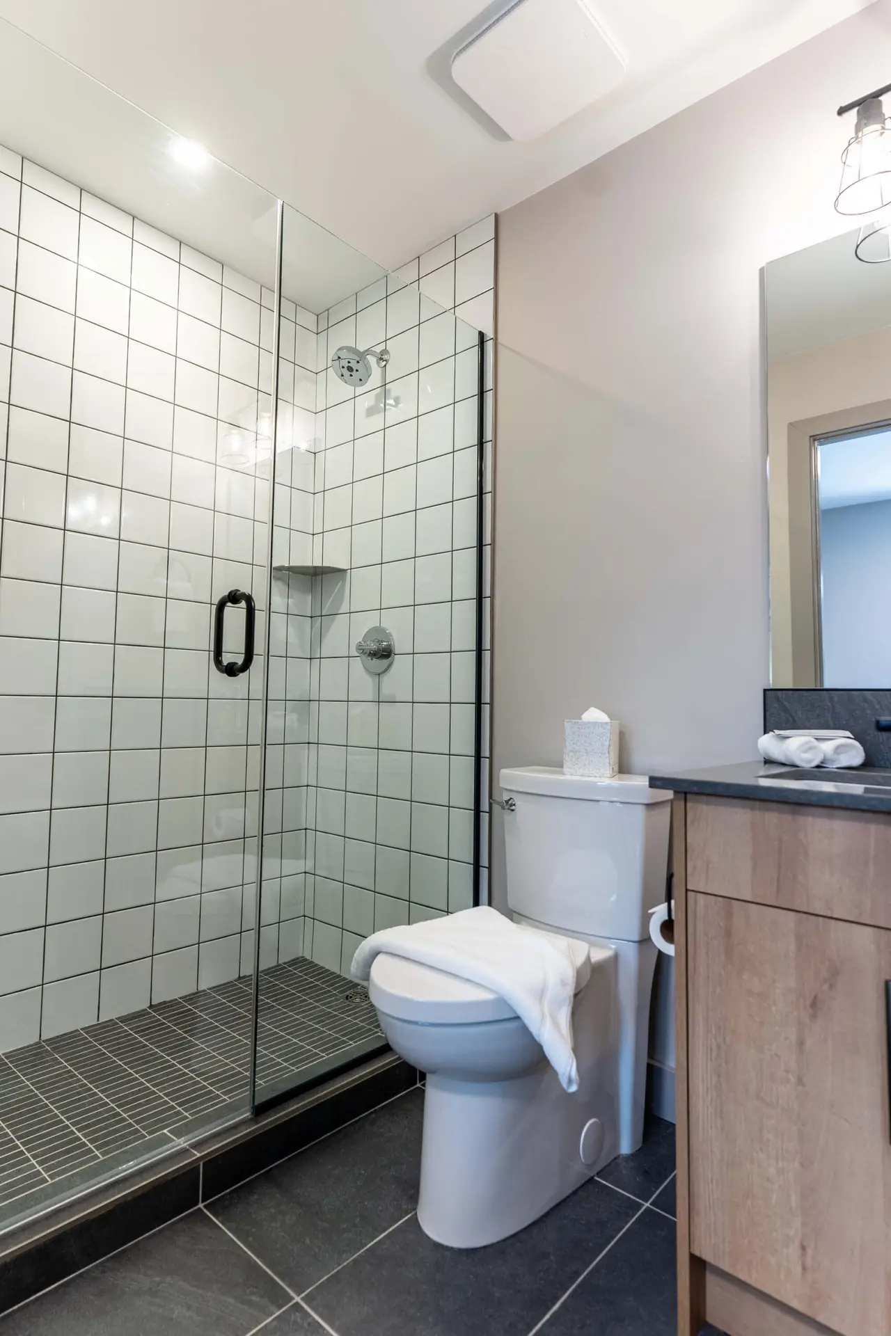 Modern bathroom with a glass-enclosed shower, toilet, and vanity at Basecamp Suites Revelstoke.