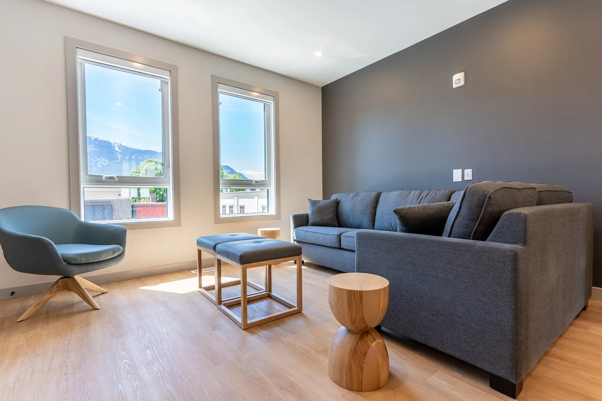 Basecamp Suites Revelstoke: Modern living room with gray sofa, chair, and ottoman