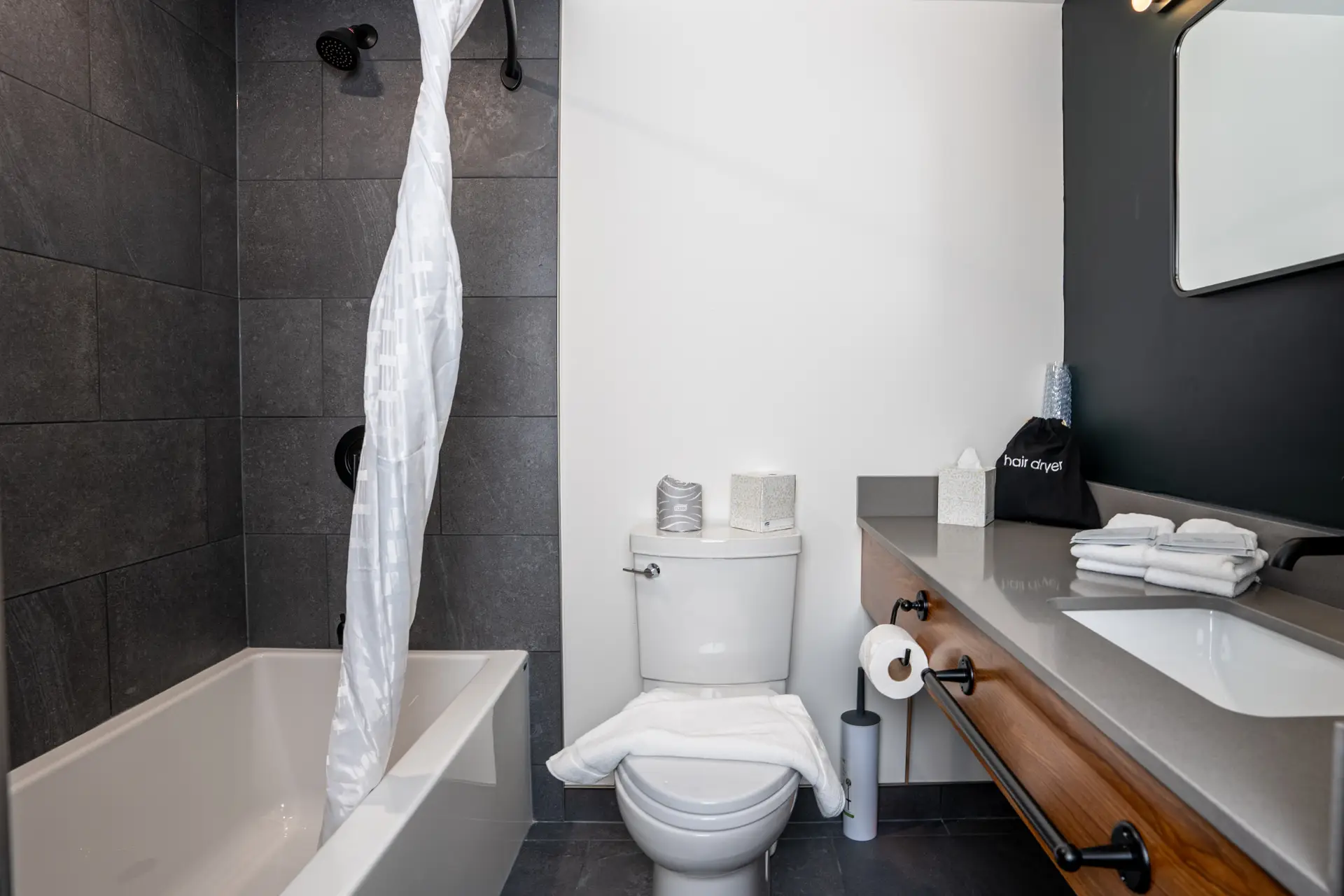 Modern hotel bathroom at Basecamp Northwinds Revelstoke with bathtub, toilet, and vanity