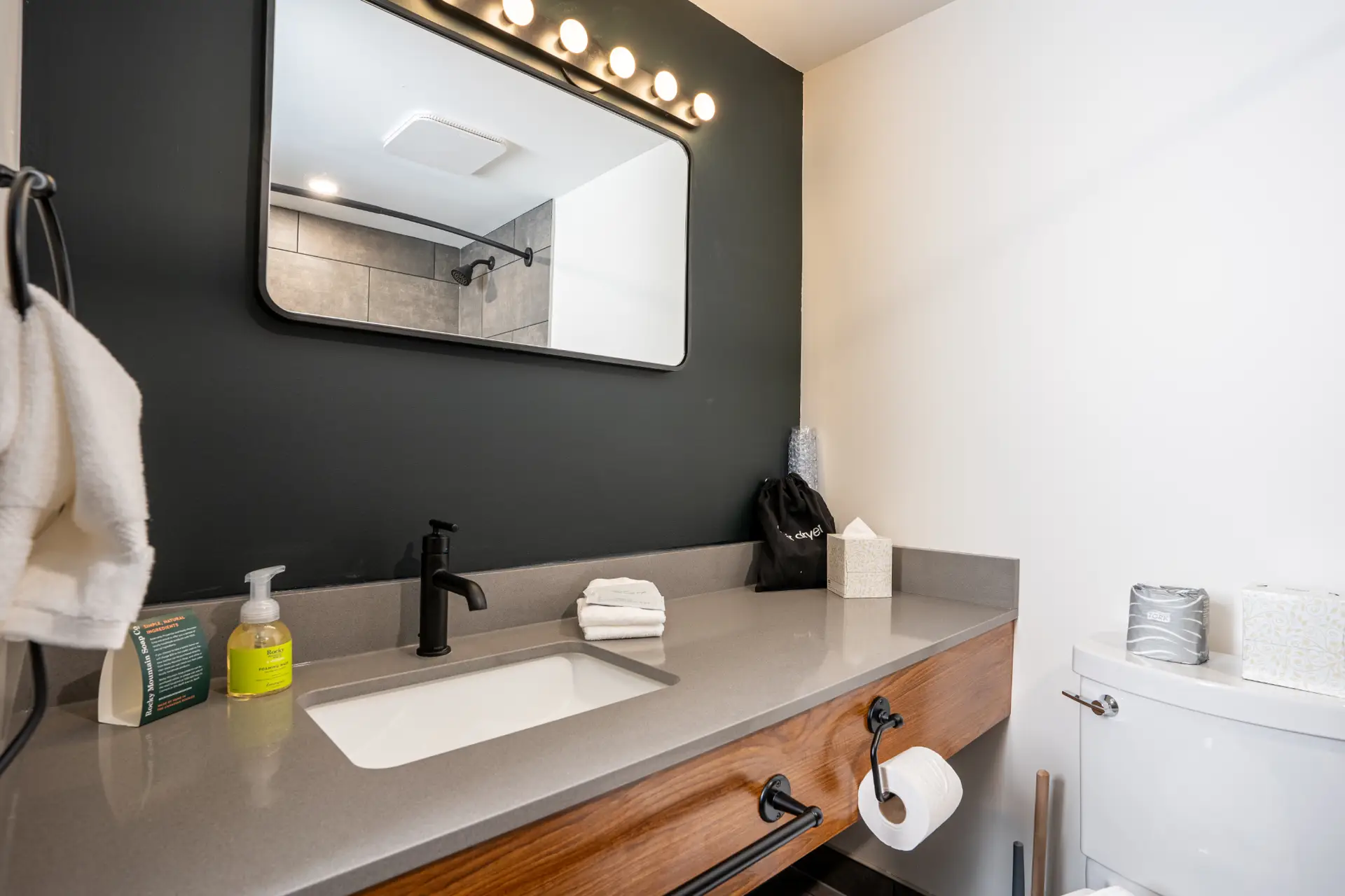Modern bathroom vanity with sink, mirror, and amenities in Revelstoke King Room