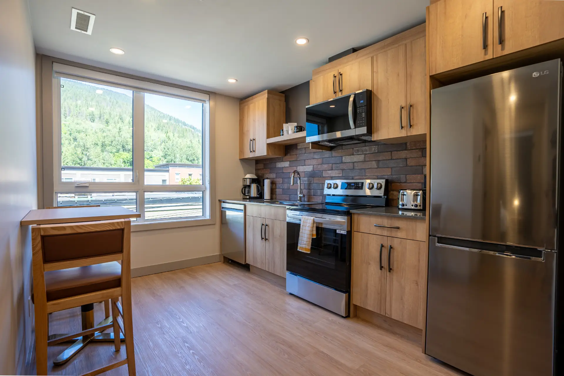 Modern kitchen in Basecamp Suites Revelstoke King Suite with stainless steel appliances and mountain view