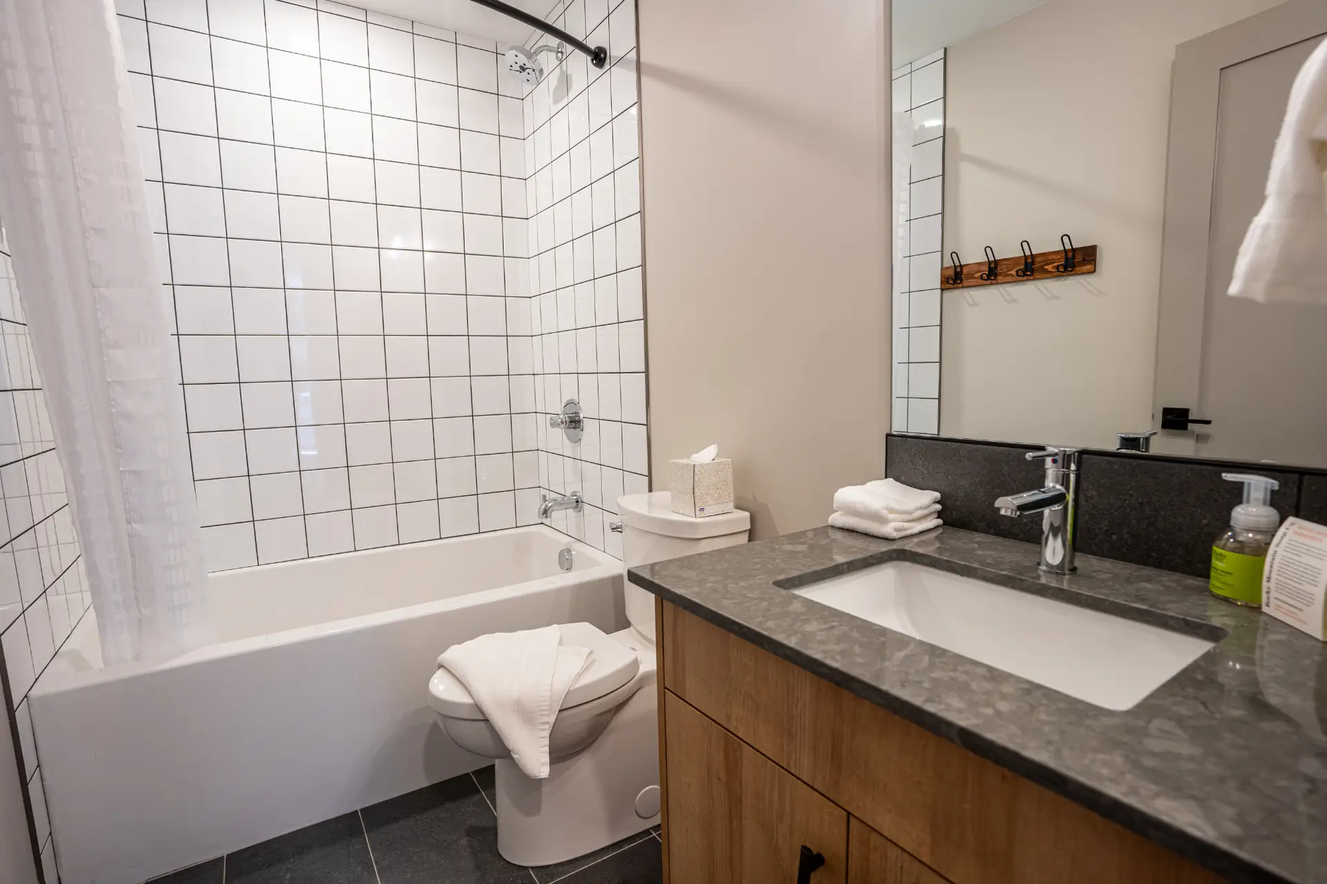 Bathroom in Revelstoke One Bedroom King Suite with tub, toilet, and vanity