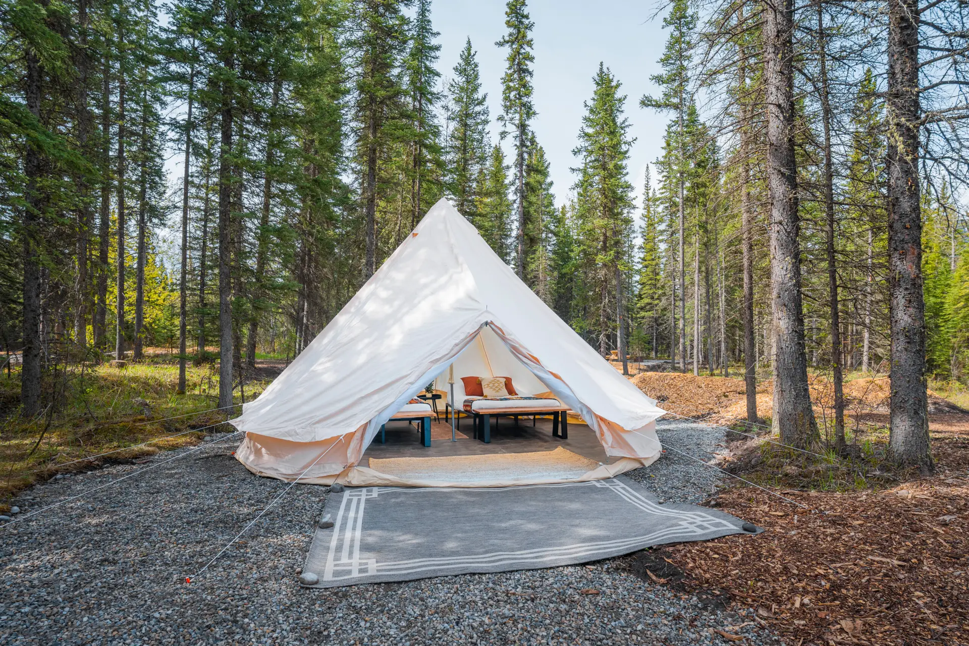 Basecamp Sundance glamping canvas tent set up in a pine forest.
