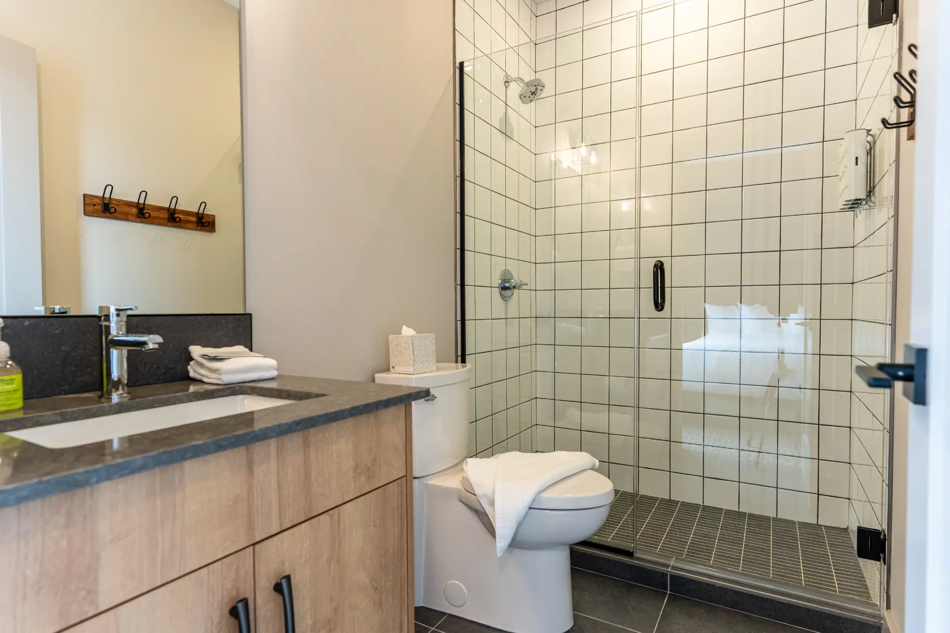 Modern bathroom with glass shower, vanity, and toilet in Basecamp Suites Revelstoke.