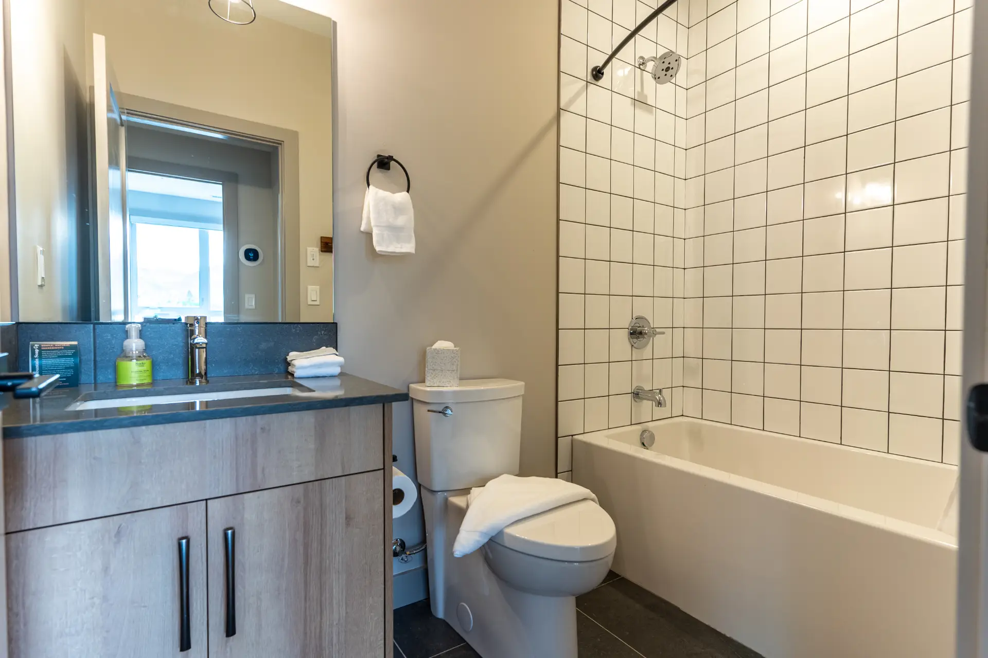 Modern bathroom with a vanity, toilet, and tiled shower in a Basecamp Suites Revelstoke suite.
