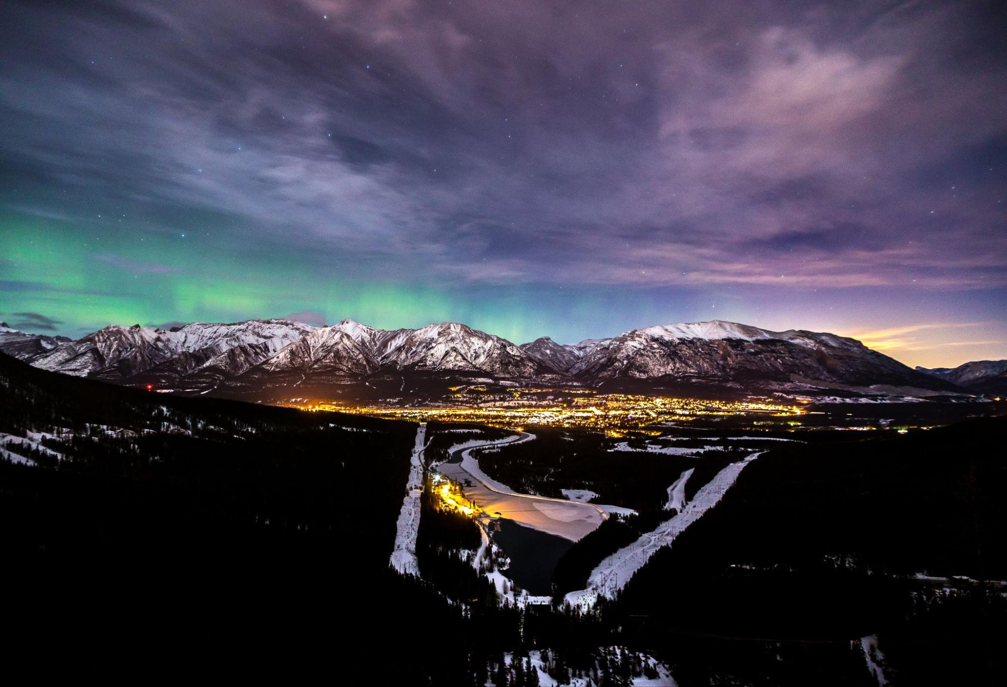 Northern lights above Canmore, from the Spray Lakes Road